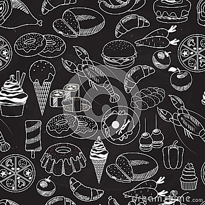 Vector Seamless Food on Chalkboard Background Vector Illustration