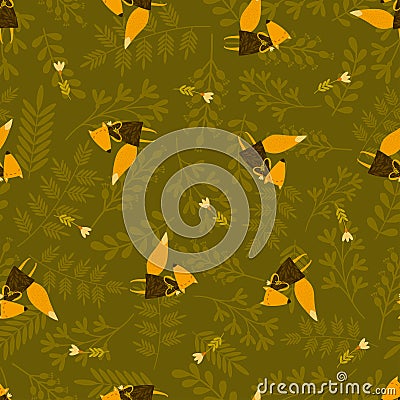 Vector seamless funny foxes pattern with floral elements Vector Illustration