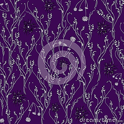 Vector. Seamless gentle, linear, fashionable, isolated pattern on a purple background. Retro style. Trend and floral Vector Illustration