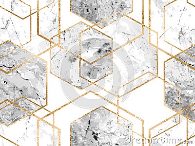 Seamless geometric pattern with gold glitter lines and marble polygons Vector Illustration