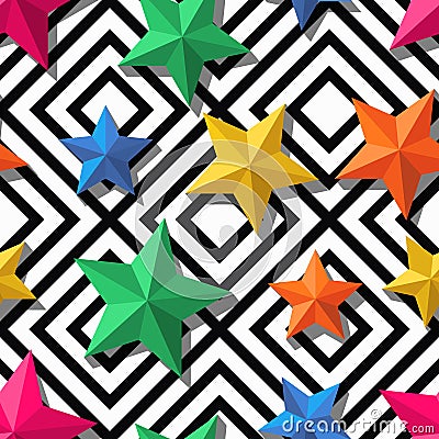 Vector seamless geometric pattern. 3d stylized multicolor stars on monochrome background. Vector Illustration