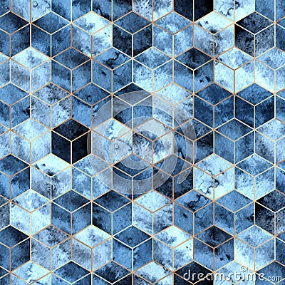 Seamless geometric pattern with gold and blue watercolor polygons. Abstract hexagons background Vector Illustration