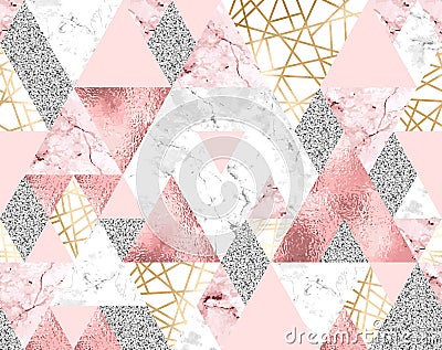 Seamless geometric pattern with gold metallic lines, silver glitter, pink and marble triangles Vector Illustration