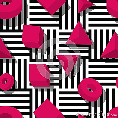 Vector seamless geometric pattern. Pink 3d shapes on black and white striped background. Vector Illustration