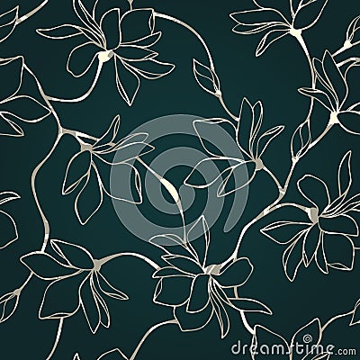 Seamless gold and green floral pattern with magnolia flowers. Vector illustration. Vector Illustration