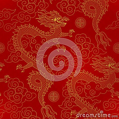 Vector seamless golden Chinese pattern with outline Chinese Dragons, clouds and Symbol of Prosperity Vector Illustration