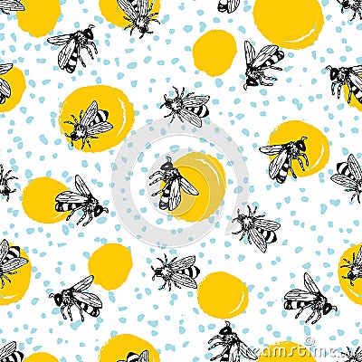 Vector seamless hand drawn honey bee pattern. Vector Illustration