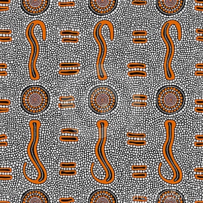 Vector seamless hand drawn pattern including ethnic Australian aboriginal shield motive with typical elements on dotted background Stock Photo