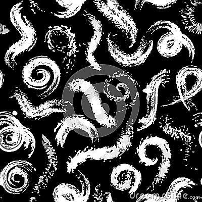 Vector Dry Brush Twirls and Spirals Pattern White on Black Vector Illustration