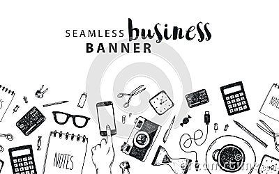 Vector seamless horizontal banner, business, freelance doodle background, set of isolated objects. Office tools, hand Vector Illustration