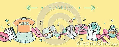 Vector seamless horizontal border with girls stuff. Fashion patterns with women`s clothing, jewelry, cosmetics, gifts and romance Vector Illustration