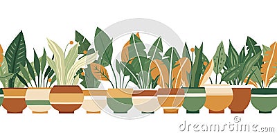 Vector seamless horizontal border with home flowers in pots isolated from background. Gardening frieze of plants Vector Illustration