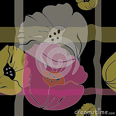 Vector seamless Illustration of stylized airy multicoloured transparent pink, white yellow poppies Vector Illustration