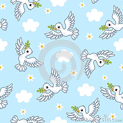 Vector seamless illustration with white doves on a white background in cartoon style Vector Illustration