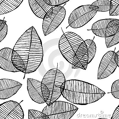 Vector seamless leaves pattern. Black white background made with watercolor, ink and marker. Trendy scandinavian design Vector Illustration