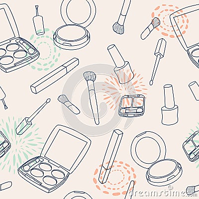 Vector seamless make up pattern with brushes, eyeshadow palette Vector Illustration