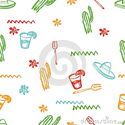 Vector seamless mexican pattern. Mexican tequila, cactus, sombrero. Vector Illustration