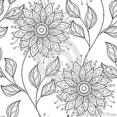 Vector Seamless Monochrome Floral Pattern Vector Illustration