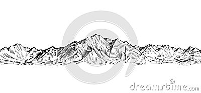 Vector seamless mountain range sketch, vector panorama. Vector Illustration