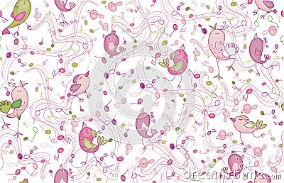 Vector seamless music pattern, singing birds and fun notes. Vector Illustration