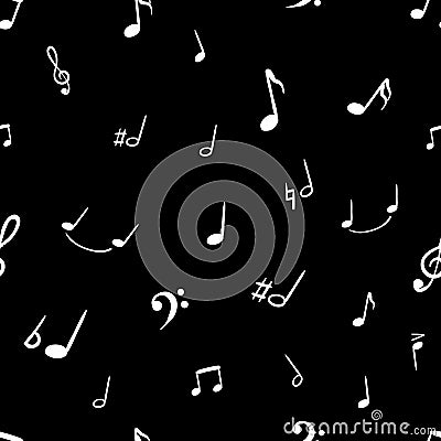 Vector Seamless Musical Notes Pattern, Chalk Drawings, Music, Black and White. Vector Illustration