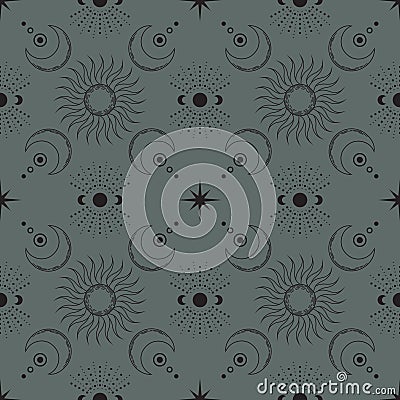 Vector seamless mystical pattern with magical sun, stars and shining moons. Linear esoteric boho background with outline crescents Vector Illustration