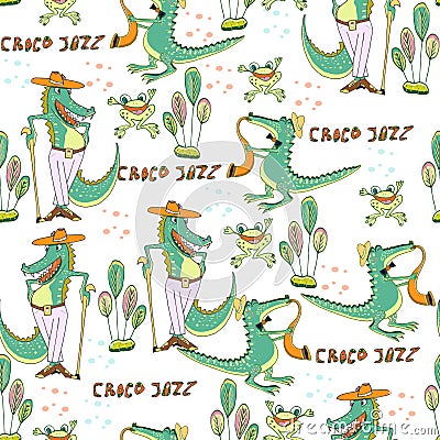 Vector seamless nursery pattern. Funny crocodiles, jazz musucians, frogs, tropical plants, flowers Vector Illustration