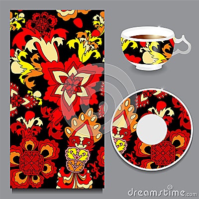 Vector seamless orient pattern with cup and plate. russian desig Vector Illustration