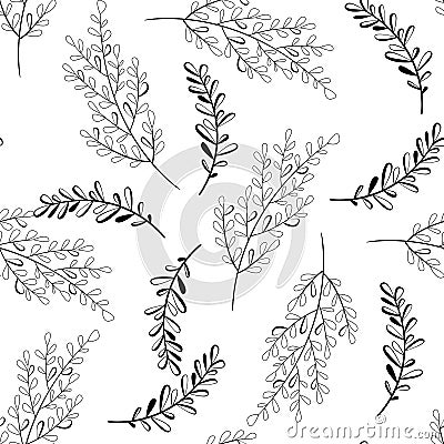 Vector seamless outline leaves pattern. Black and white background. Nature illustration Vector Illustration