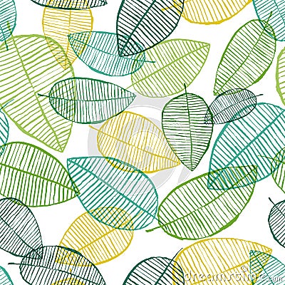 Vector seamless outline leaves pattern. Green and white Vector Illustration