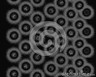 Seamless pattern, abstract background. Battered spheres inside light circles. Grayscale. Vector Illustration