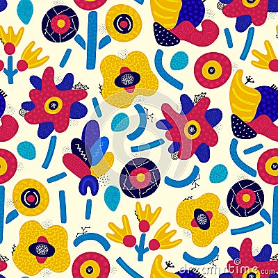 Vector seamless pattern. Abstract hand drawn flowers with different textures. Floral composition. Freehand style Vector Illustration