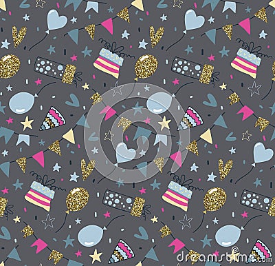 Vector seamless pattern with air balloons, fireworks, confetti, bunting flags garlands, gift box Vector Illustration