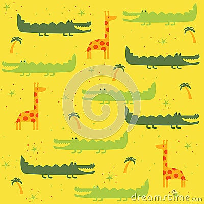 Vector seamless pattern with animals: giraffe, crocodile Vector Illustration