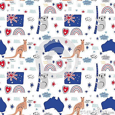 Vector seamless pattern of Australia icons. Kangaroo koala map and flag. National Australian holiday and a vacation. Travel to Vector Illustration