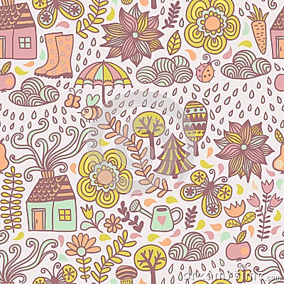 Vector seamless pattern, autumn doodles card. Hand draw trees an Vector Illustration