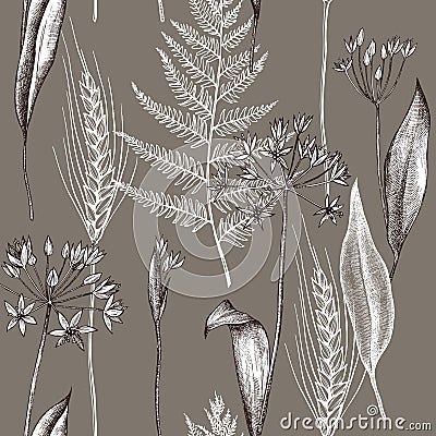 Vector seamless pattern of autumn plants pattern. Hand drawn vector illustration Vector Illustration