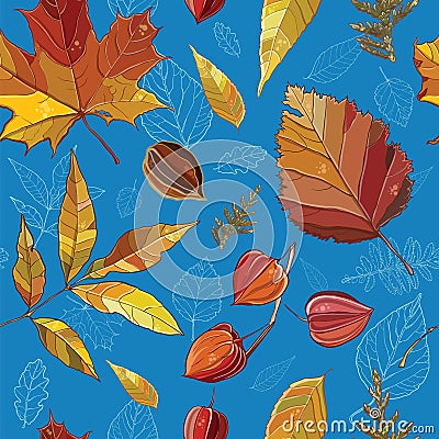 Vector seamless pattern with autumn set leaves, nuts, tree. Vector Illustration