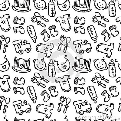 Vector seamless pattern with baby objects. Newborn clothes and accessories background in doodle style Vector Illustration