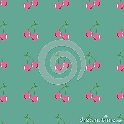 Vector seamless pattern background with cherries. Green background Vector Illustration