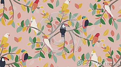 Vector seamless pattern background with tropical birds. peach background. Vector Illustration