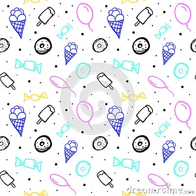 Vector seamless pattern with balloons and different sweets Vector Illustration