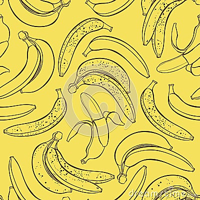 Vector seamless pattern of bananas on yellow background. Cartoon Illustration