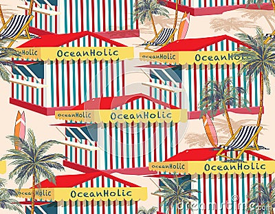 Vector seamless pattern of beach house box , beach huts on Summer striped and palm trees Stock Photo