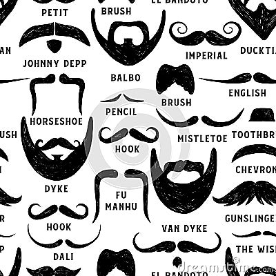 Vector seamless pattern with beards and mustaches. Hand drawn illustration with fashionable men`s styles. Linear Graphics. Vector Illustration