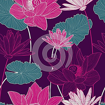 Vector seamless pattern with beautiful pink lotus flower and gre Vector Illustration