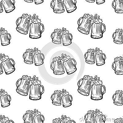 Vector Seamless Pattern, Beer, Beer Mugs on White Background, Black, Template. Vector Illustration