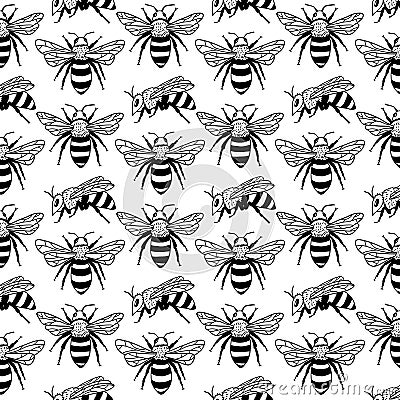 Vector seamless pattern with bees, leaves and flowers. Black and yellow texture. Vector Illustration