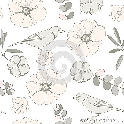 Vector seamless pattern with birds, pink flowers. Vector Illustration