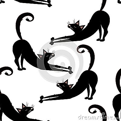 Vector seamless pattern with black cats, kitties on the transparent background. Vector Illustration